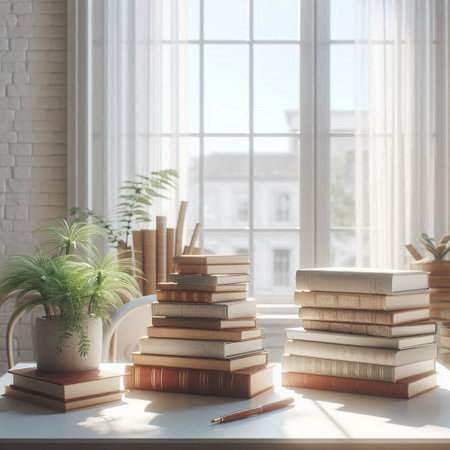 Books on the windowsill in the room. 3d rendering.の写真素材
