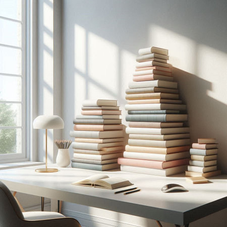 3d render of a desk with books and lamp in the roomの写真素材