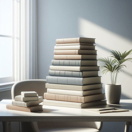 3d render of a stack of books on a table in an officeの写真素材
