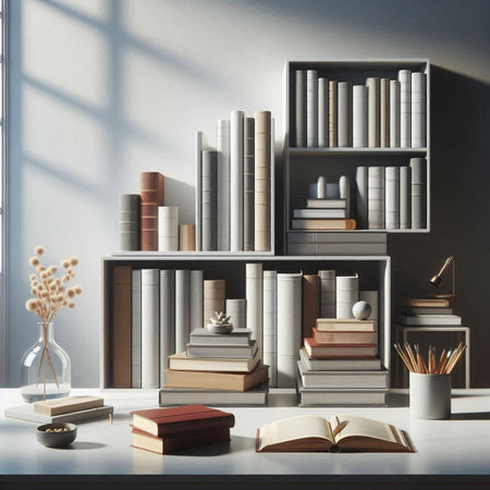 Bookshelfs with books and decorations on the table. 3d rendering