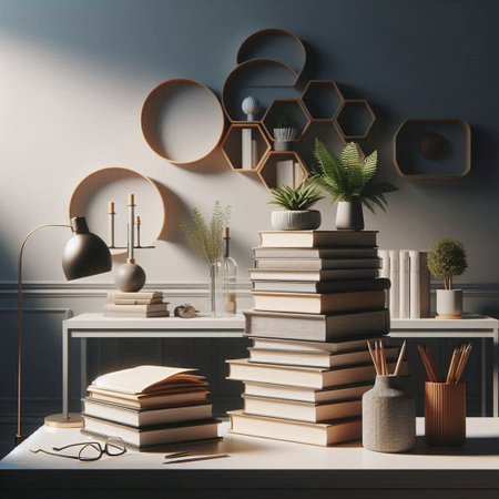 Pile of books on the table in the interior. 3d renderの写真素材