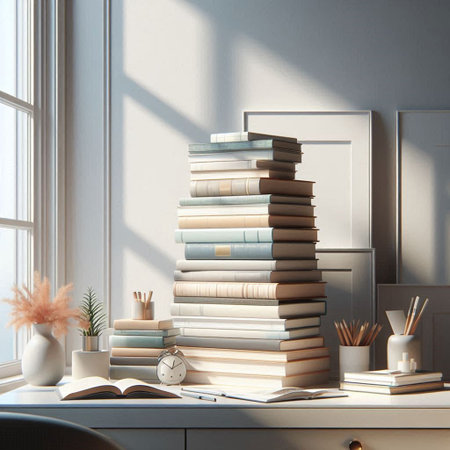 Composition with stack of books on the table. 3d render