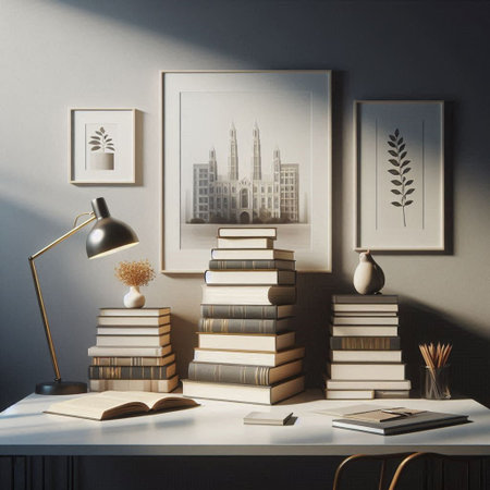 Bookshelf with books and lamp on gray wall. 3d renderの写真素材