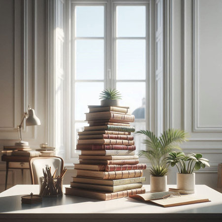 Books on a table in a room with a window. 3d renderingの写真素材