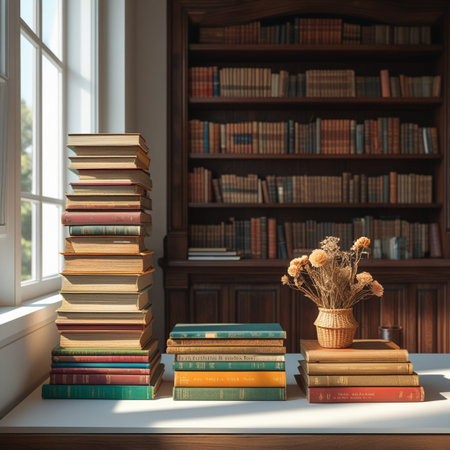 Books on a white table in a library. 3d rendering.の写真素材