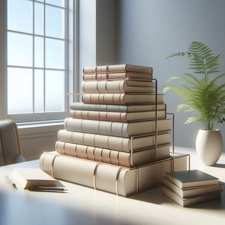 Books on a table in a room with a large window. 3d rendering