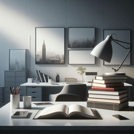 3D render of an office interior with a book and a lampの写真素材