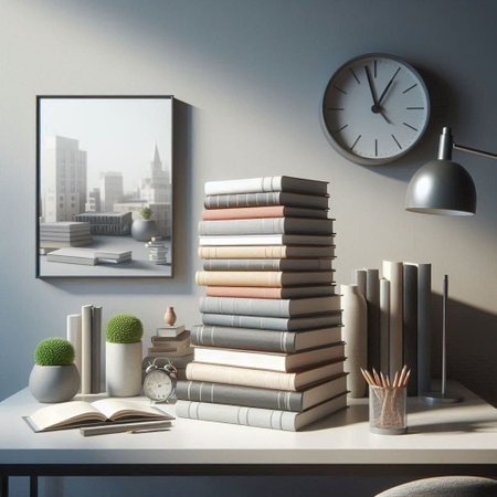 Bookshelf with stack of books, alarm clock and vase with plant on table. Mock up, 3D renderingの写真素材
