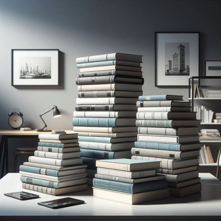 Stack of books on table in library. Education concept. 3D Renderingの写真素材