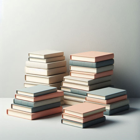 Stack of books on gray background. Education concept. 3D Renderingの写真素材