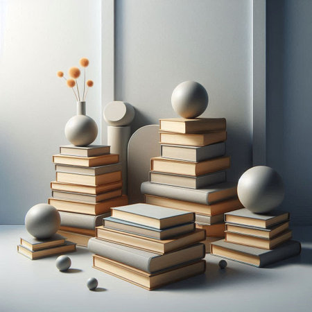 3d render of a stack of books and balls in the interiorの写真素材
