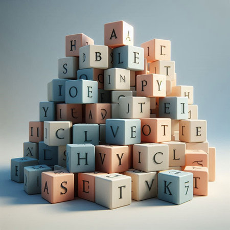 Highly rendering of a pyramid of wooden cubes with letters spelling the wordsの写真素材