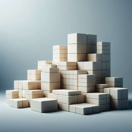 Pyramid made of wooden cubes on gray background. 3d renderの写真素材