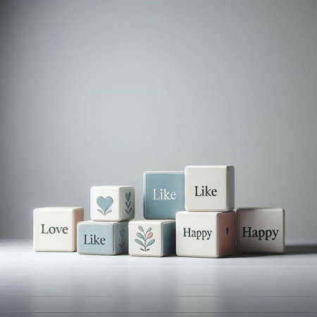 Ceramic cubes with words on a white backgroundの写真素材