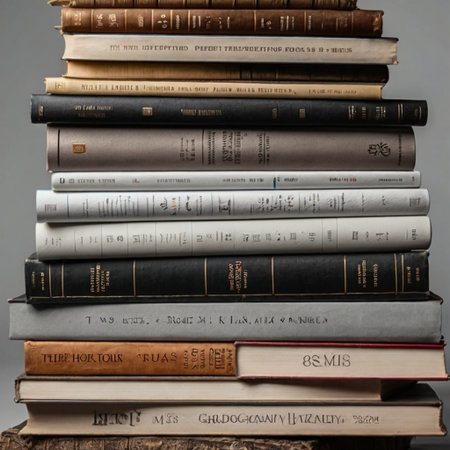 Pile of old books on gray background. Selective focus.の写真素材