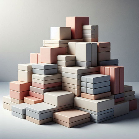 Pyramid of cardboard boxes on a gray background. 3d renderの写真素材