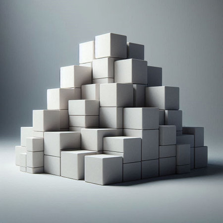 3d rendering of a pyramid made of white cubes on a gray backgroundの写真素材
