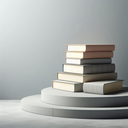 Stack of books on gray background. Education concept. 3D Renderingの写真素材
