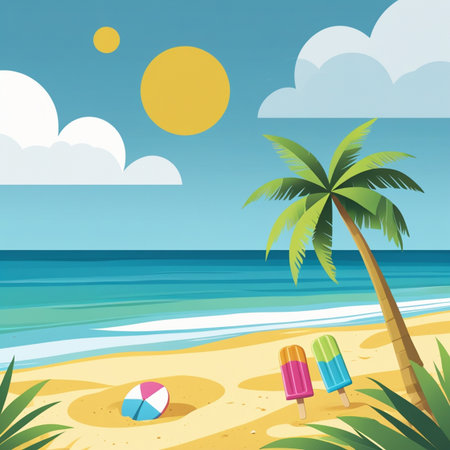Summer beach with palm trees, ice cream and ball. Vector illustrationの写真素材
