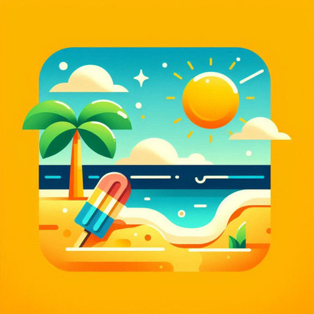 Summer beach background with sun, palm trees and ice cream. Vector illustrationの写真素材