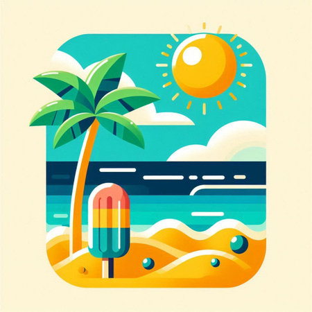 Summer beach with palm tree and ice cream. Vector illustration in flat style