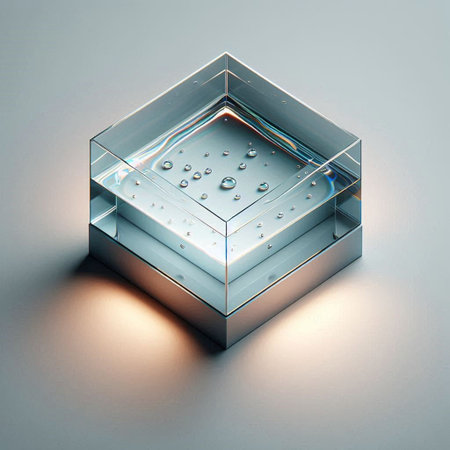 glass cube with water drops on a gray background. 3d illustration