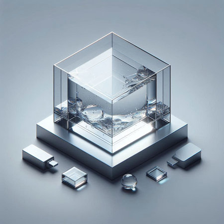 Transparent glass cube with ice cubes on gray background. 3d renderの写真素材
