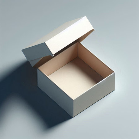 Opened cardboard box on gray background. 3d render illustration.の写真素材