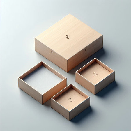 Wooden box on gray background. 3d illustration. Top view.