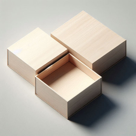 Empty wooden box on gray background. 3d illustration. Top view.の写真素材