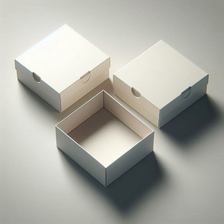 Two white cardboard boxes on a gray background. View from above.