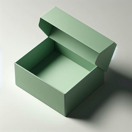 Open green gift box on a gray background, top view, copy space
