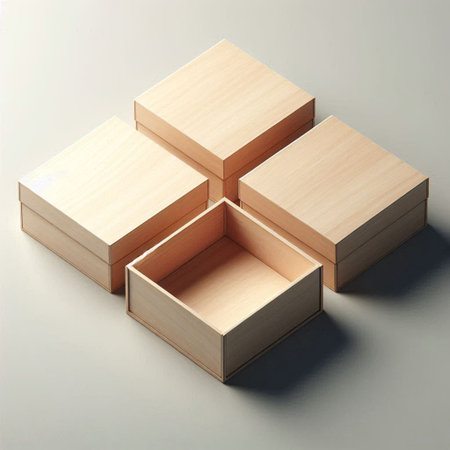 Wooden box on gray background. 3D illustration. Top view.の写真素材