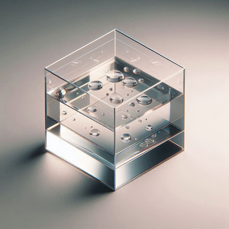 Transparent glass cube with water drops on a gray background. 3d illustration