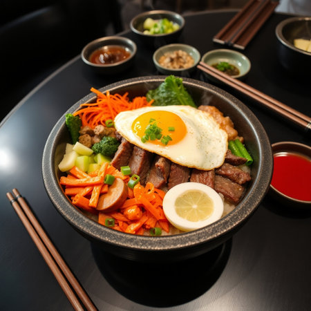 Bibimbap, korean dish with beef and eggの写真素材
