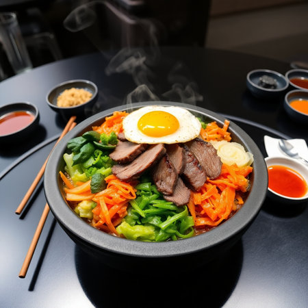 Bibimbap, Korean style noodle with beef and vegetablesの写真素材