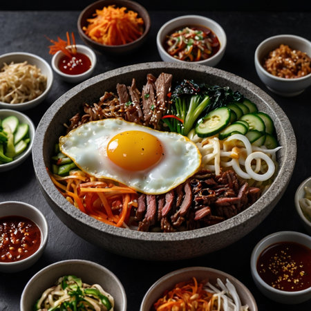 Bibimbap, Korean food style with beef, fried egg and vegetables
