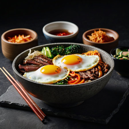 Bibimbap, noodle with beef, egg and vegetablesの写真素材