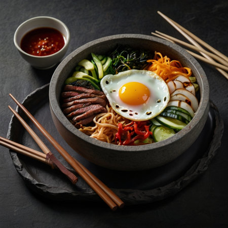 Bibimbap, noodle soup with beef, egg and vegetablesの写真素材