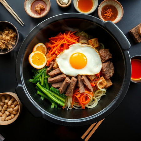 Bibimbap - Asian noodle soup with beef and eggの写真素材