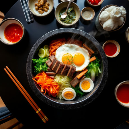 bibimbap, korean hot pot with egg and vegetablesの写真素材