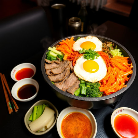 Bibimbap, Korean hot pot with beef and vegetablesの写真素材