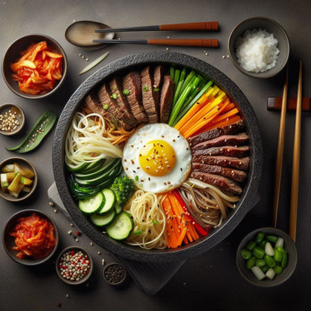 Korean bibimbap with beef, egg and vegetables on dark backgroundの写真素材