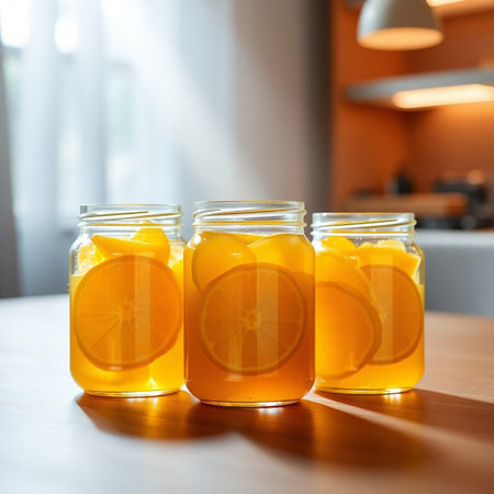 Orange juice in a glass jar on a wooden table in the kitchenの写真素材