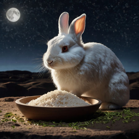 Rabbit and bowl of rice at night in the moonlight.の写真素材