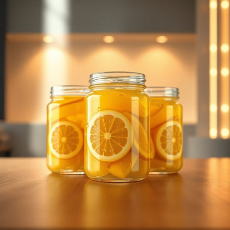 Jars with lemon slices on wooden table in kitchen, closeupの写真素材