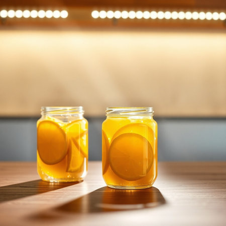 Refreshing orange lemonade in glass jars on wooden table.の写真素材