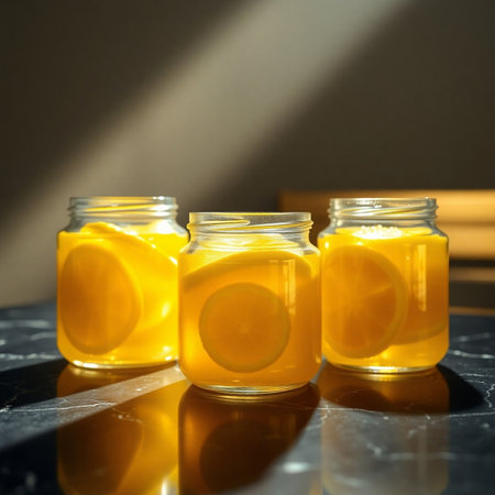 Lemonade in mason jars on black marble table with sunbeamの写真素材