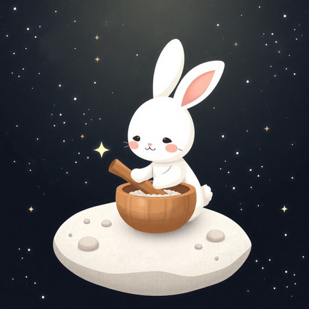 Cute white rabbit in a wooden bowl on the moon. Vector illustration.の写真素材