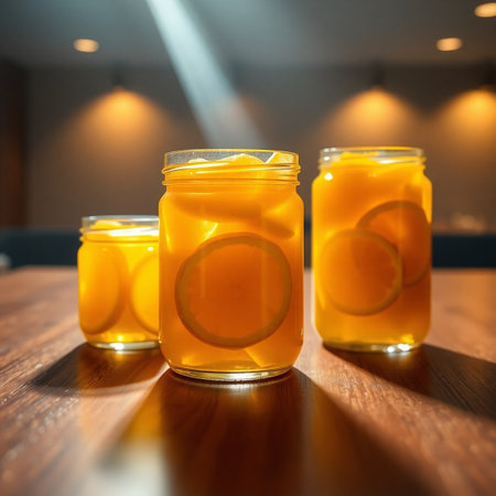 Orange lemonade in a glass jar on the table in a restaurantの写真素材